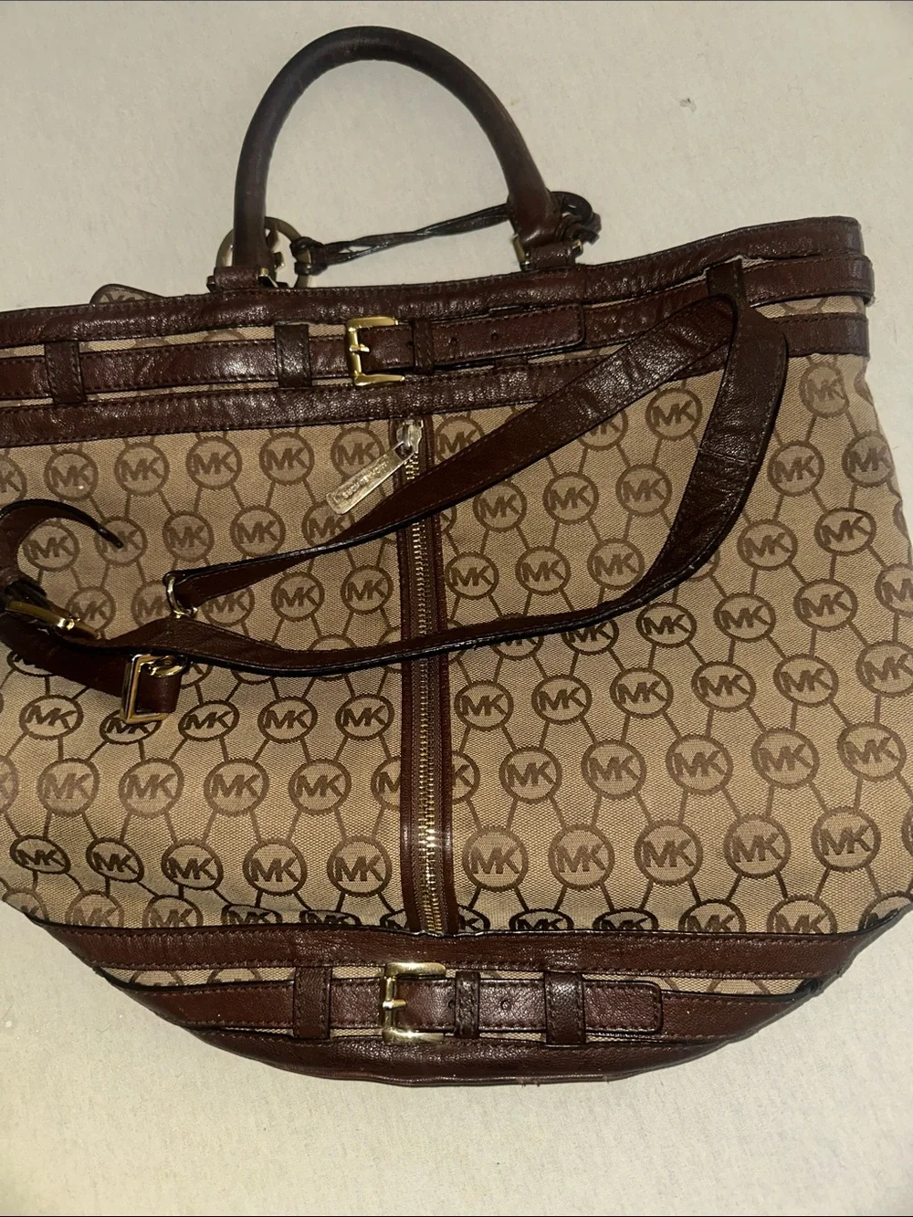 Womens Michael Kors Brown Logo Canvas Tote with Dark Brown Leather Trim